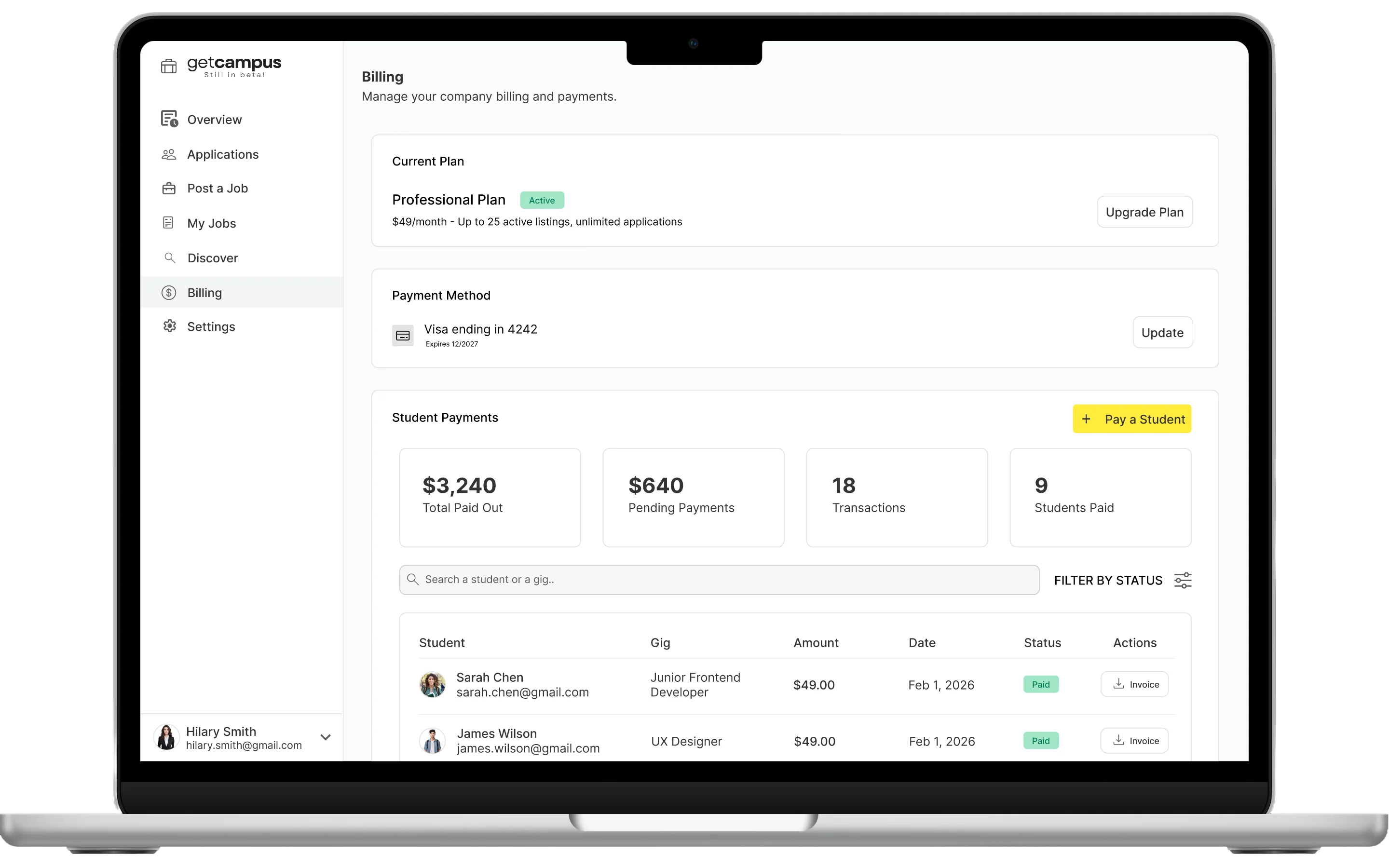 Project interface screen